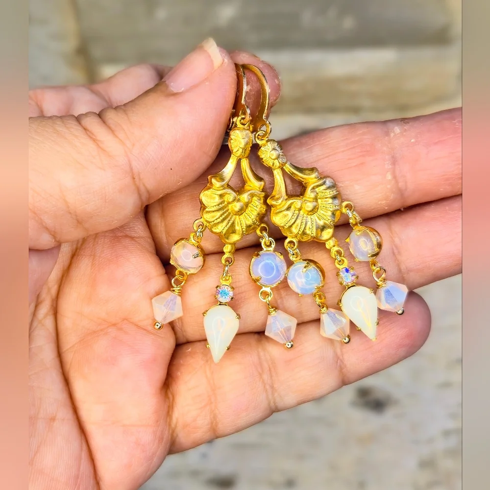 Victorian Opalite & Milky White Crystal Gold Plated Chandelier Art Deco Earrings - Picture 6 of 9